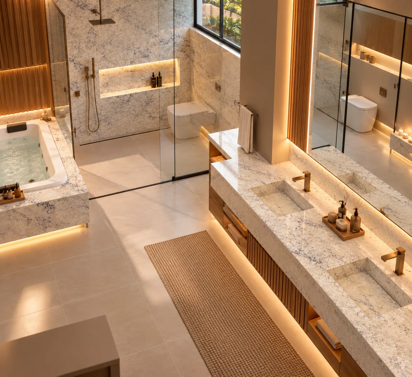 Banheiro luxuoso com Branco Romano — inspiração de aplicação