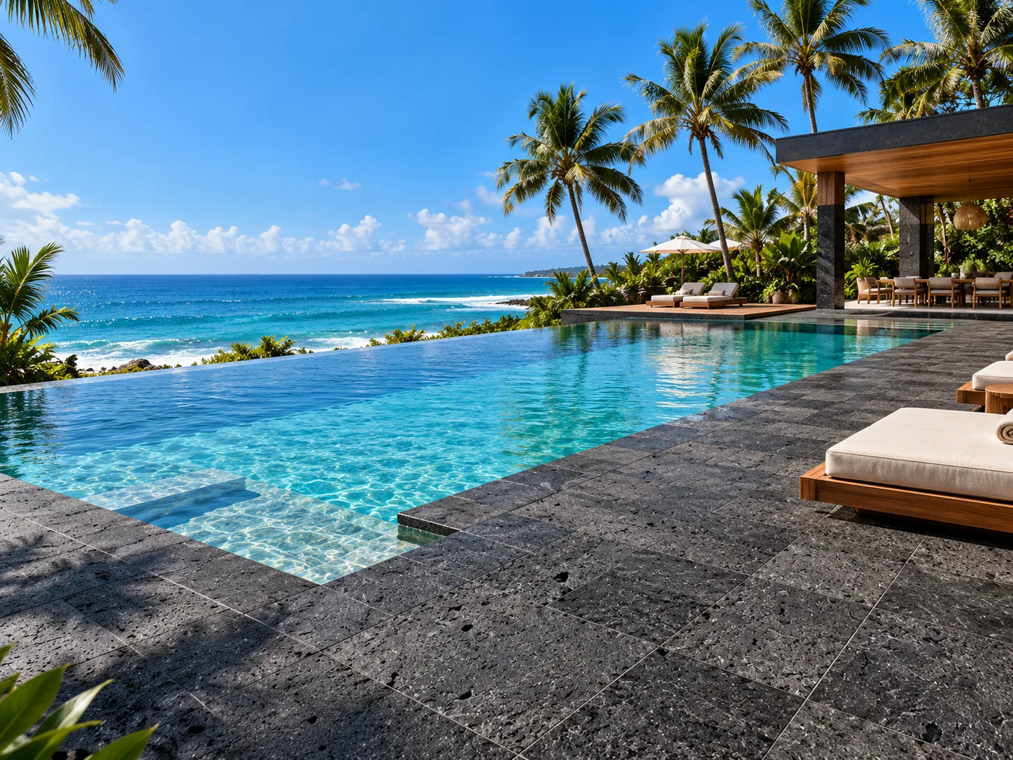 Borda e deck piscina com Hitam Premium Lisa – Black Lava — inspiração de aplicação