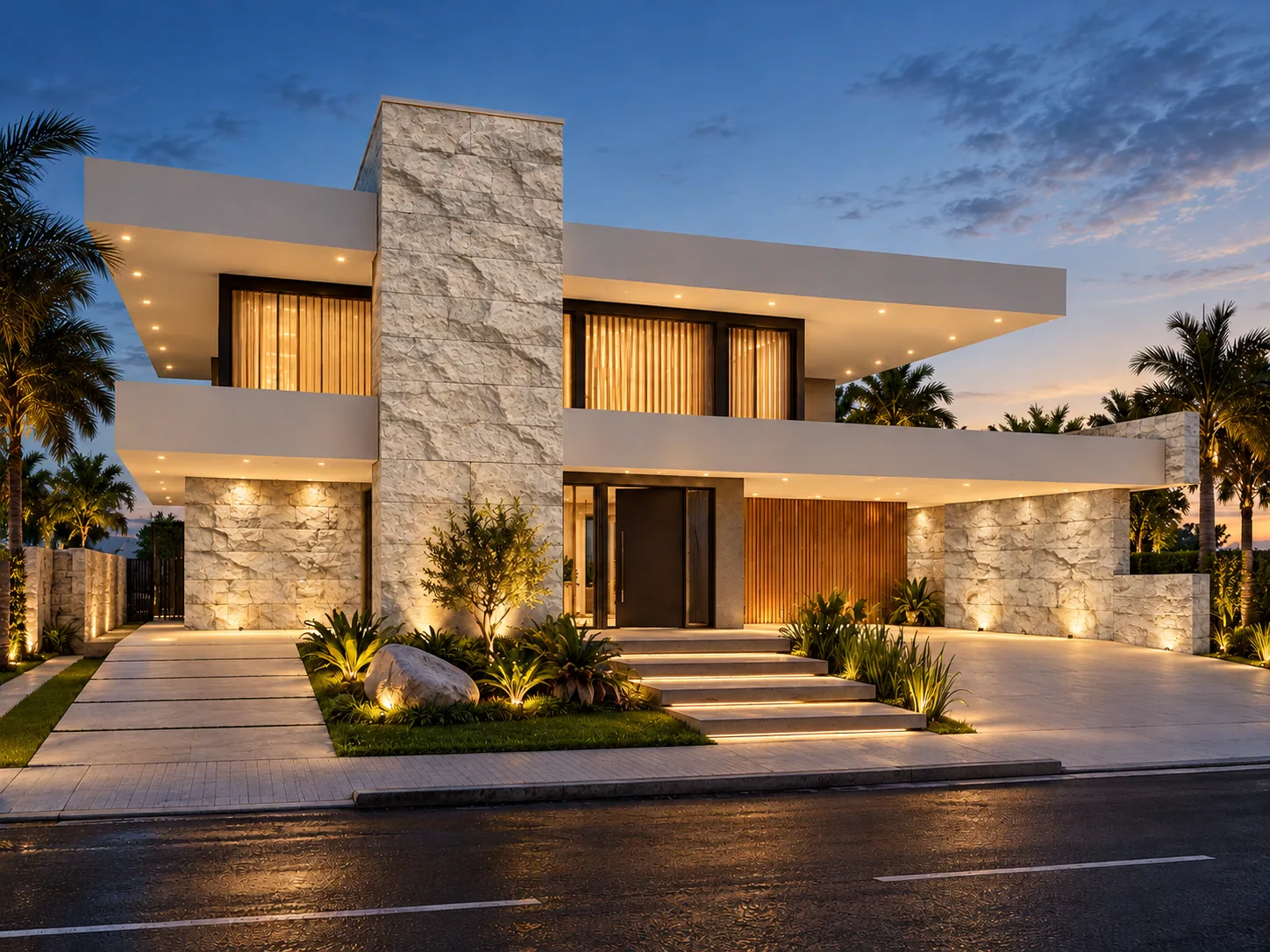 Fachada com Rockface – Limestone — inspiração de aplicação
