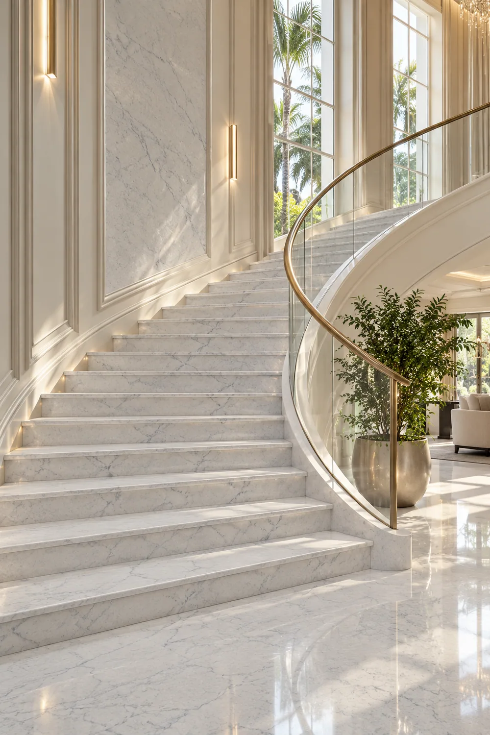 Escadaria curva com Snow Princess Dolomite — inspiração de aplicação