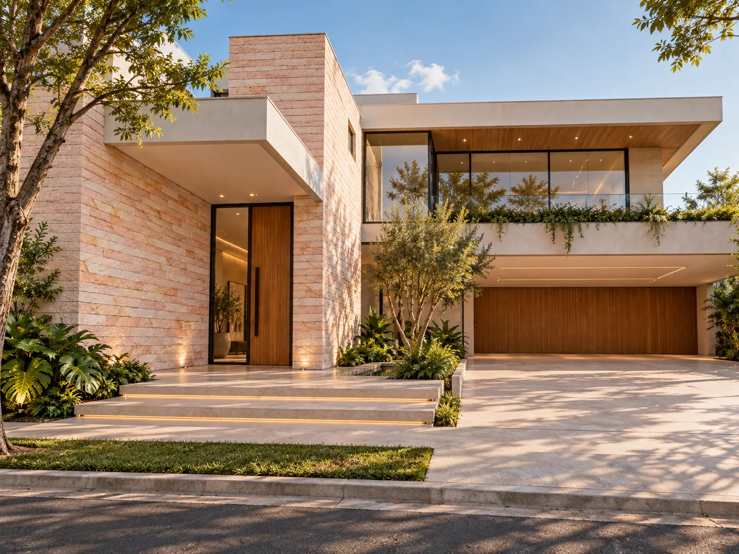 Fachada casa contemporânea com Arenito Réguas Branco — inspiração de aplicação
