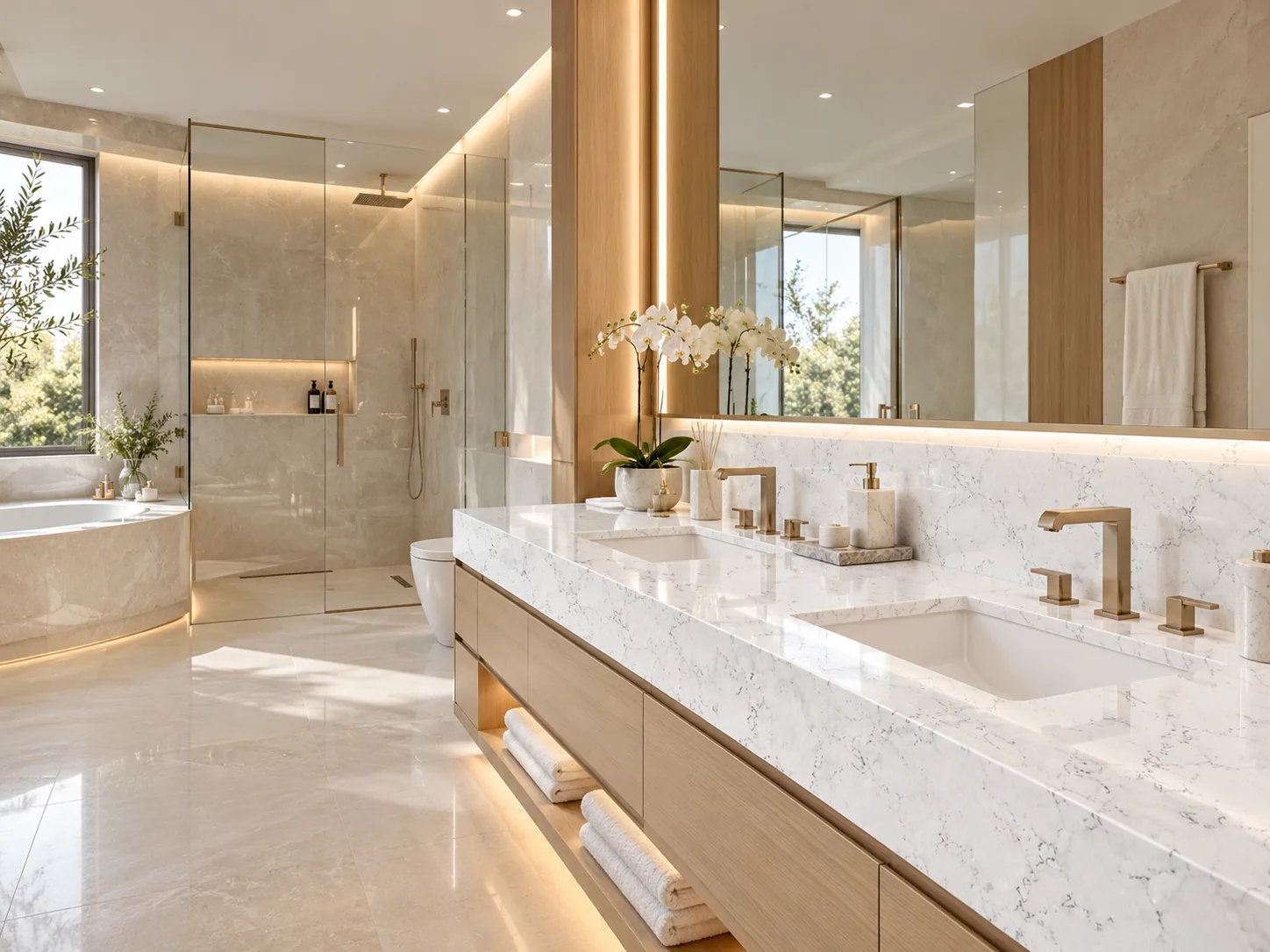 Banheiro spa com Carrara Quartzite — inspiração de aplicação