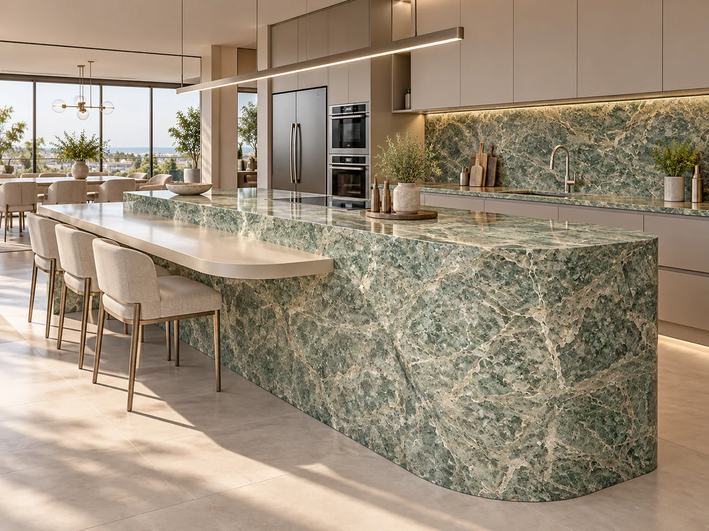 Cozinha bancada com Costa Esmeralda — inspiração de aplicação