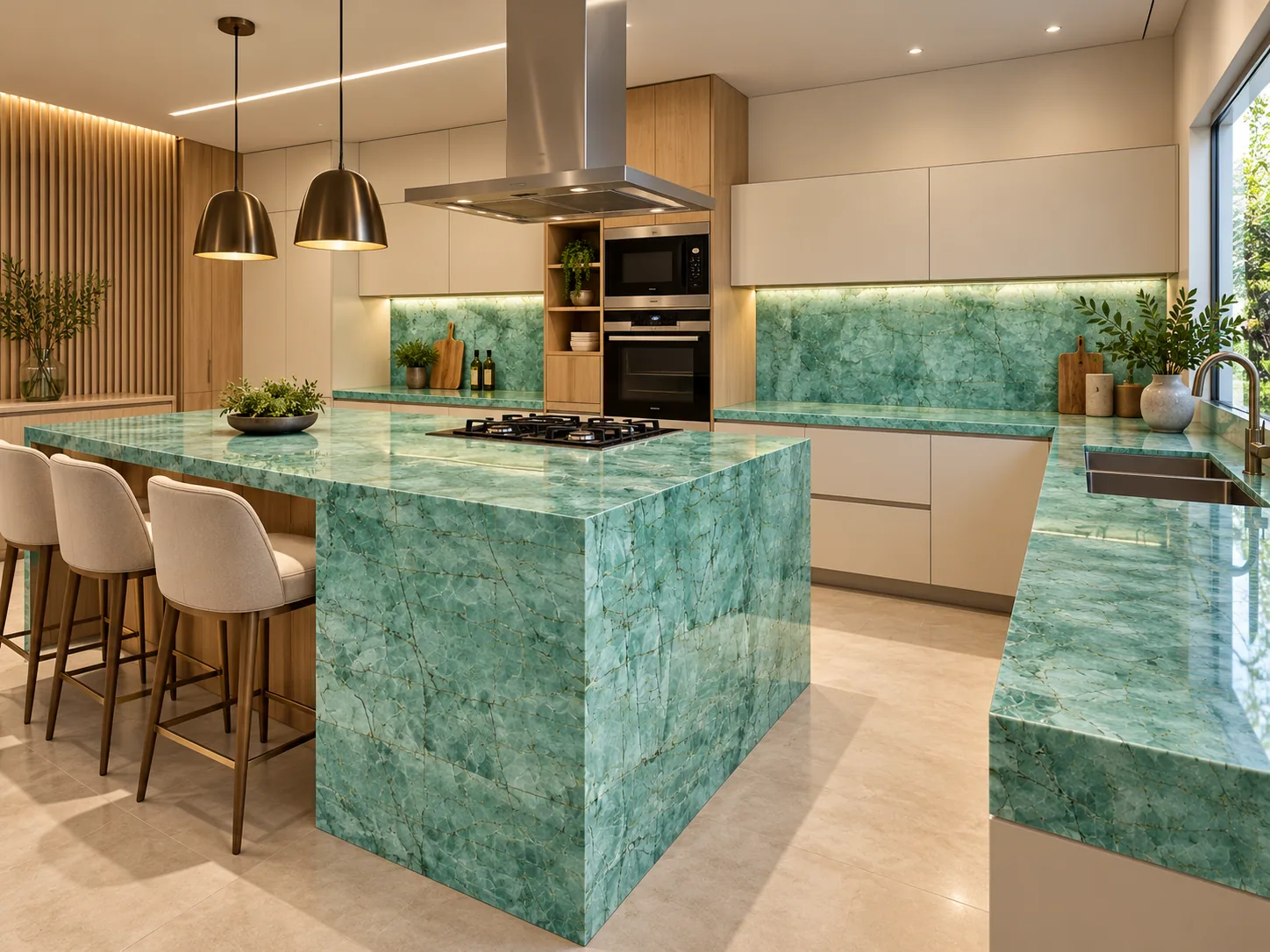 Cozinha bancada com Emerald Green — inspiração de aplicação