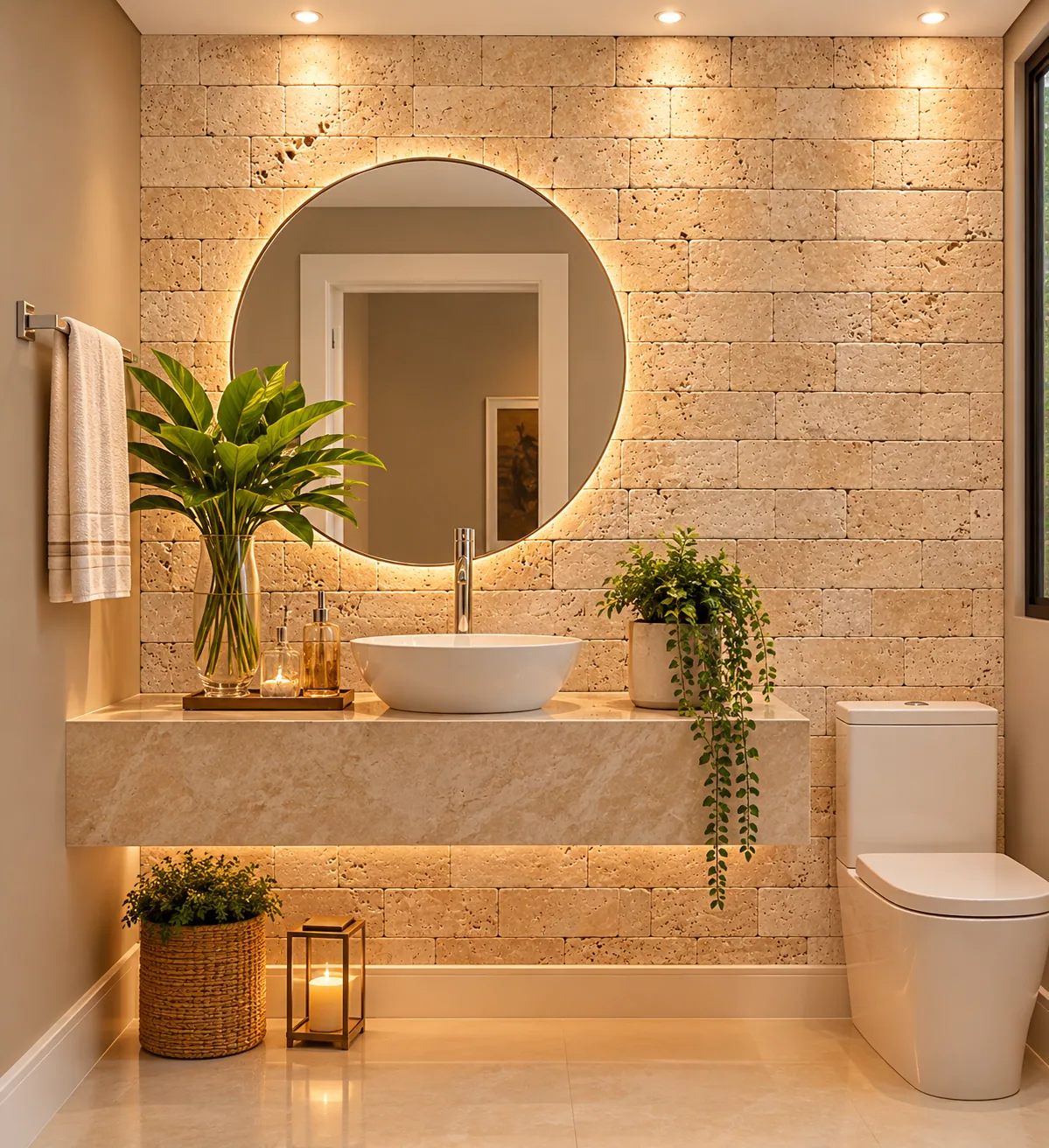 Lavabo com Tijolinho Anticato – Travertino Romano — inspiração de aplicação