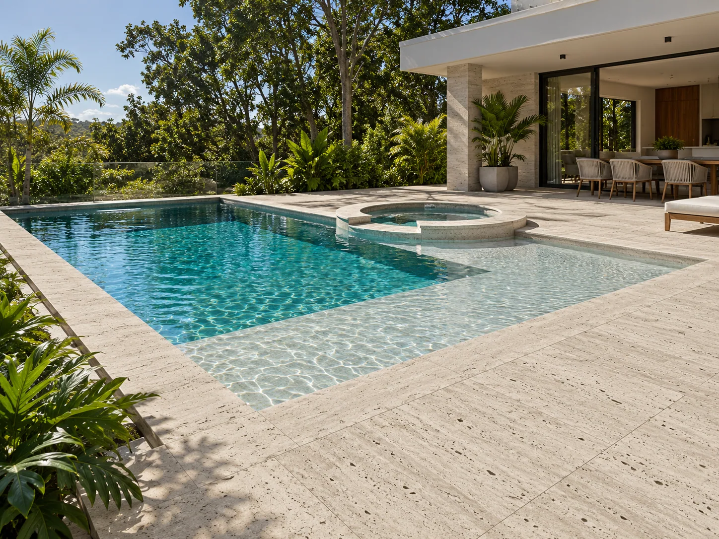 Piscina borda e deck com Pisos e Ladrilhos – Travertino Romano — inspiração de aplicação