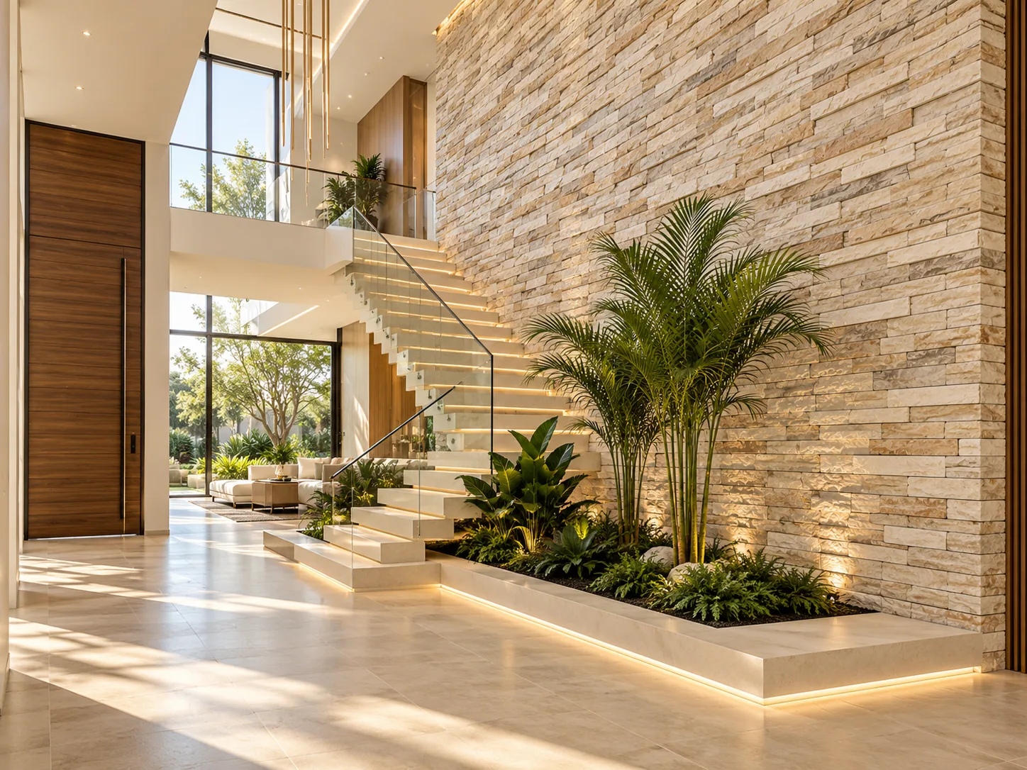 Foyer de luxo com Esparcato Travertino Nacional — inspiração de aplicação