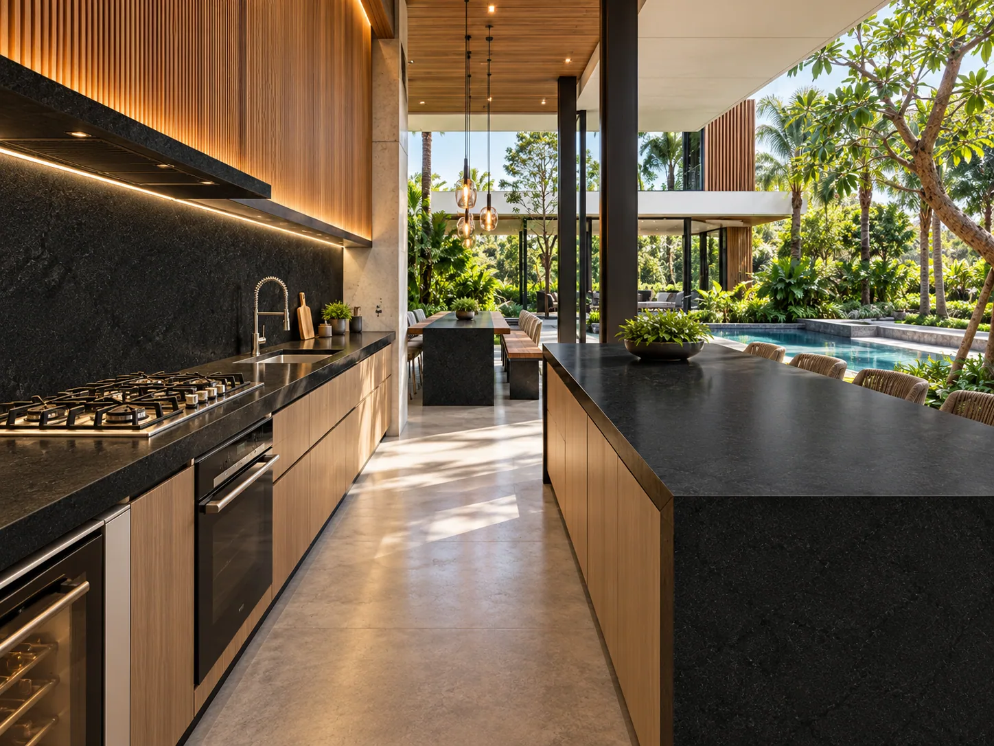 Cozinha externa luxuosa com Preto Absoluto — inspiração de aplicação