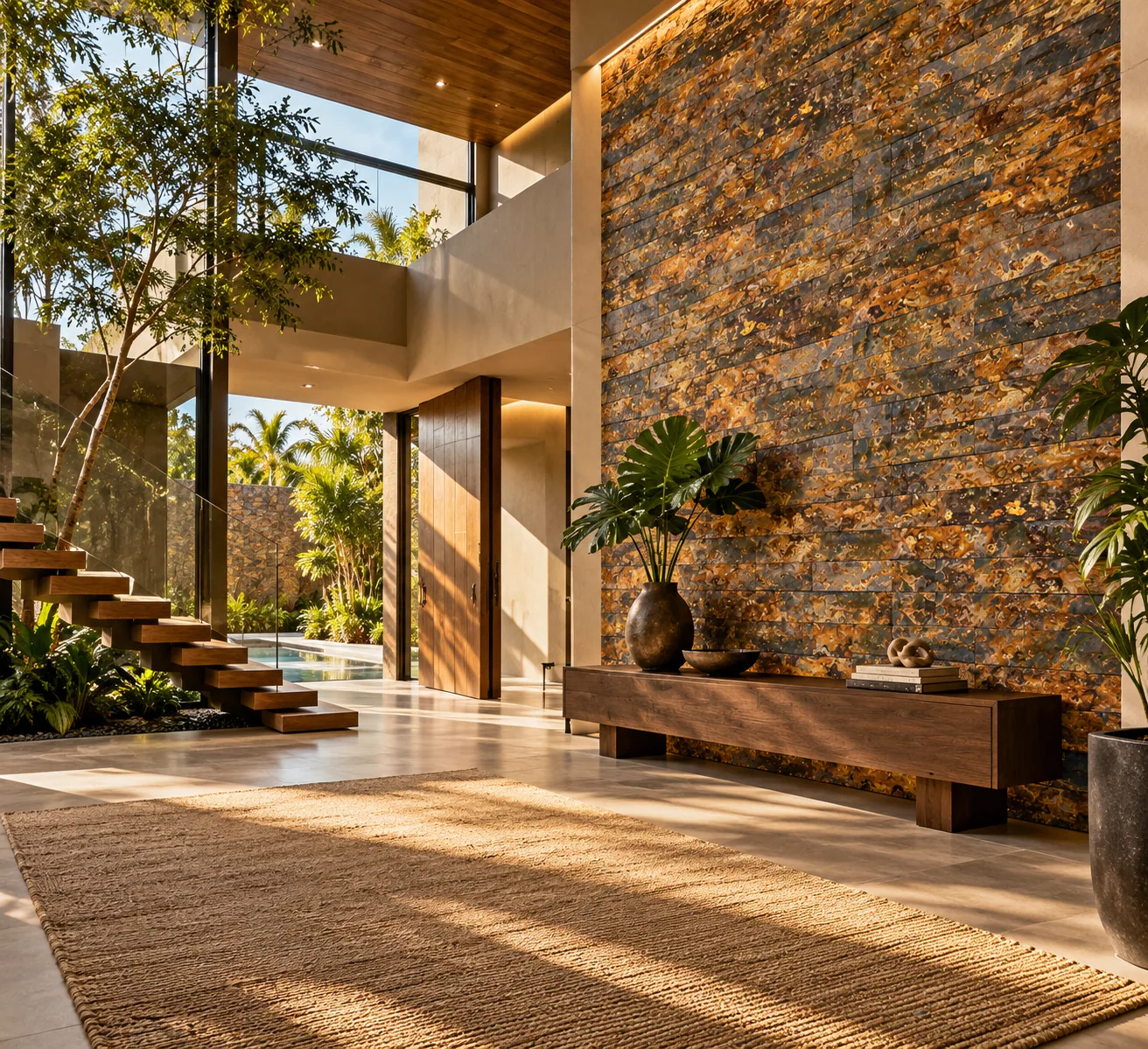 Hall de entrada moderno com Ardósia Ferrugem – 30 x 7,5 cm — inspiração de aplicação