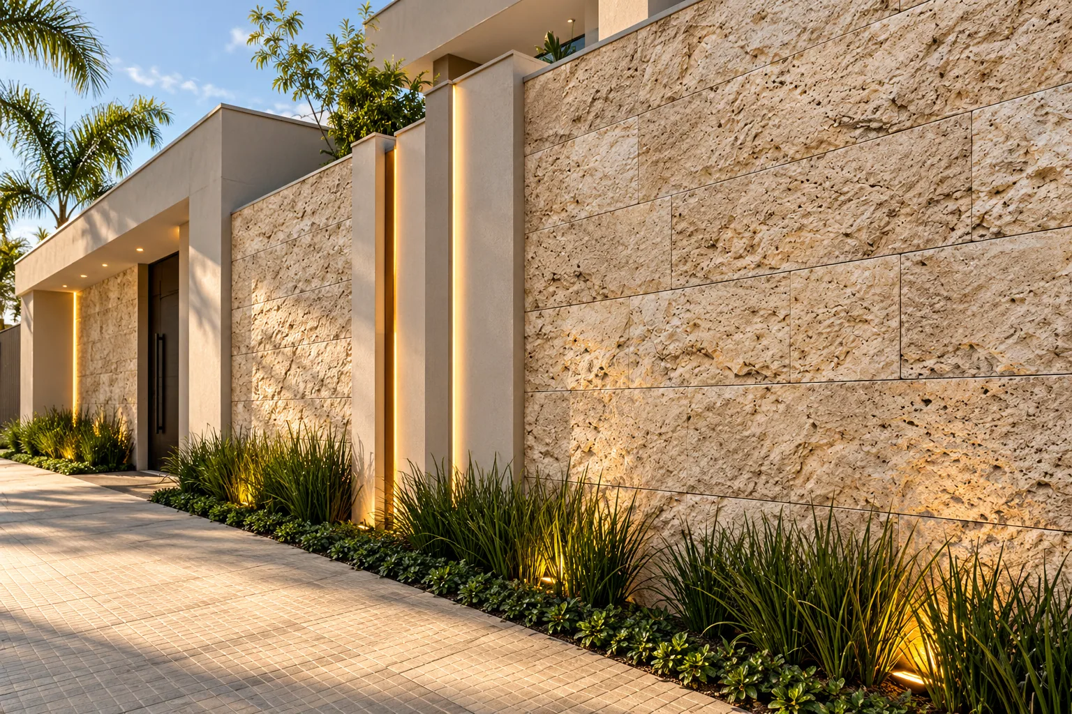 Muro com Rockface – Travertino Romano — inspiração de aplicação