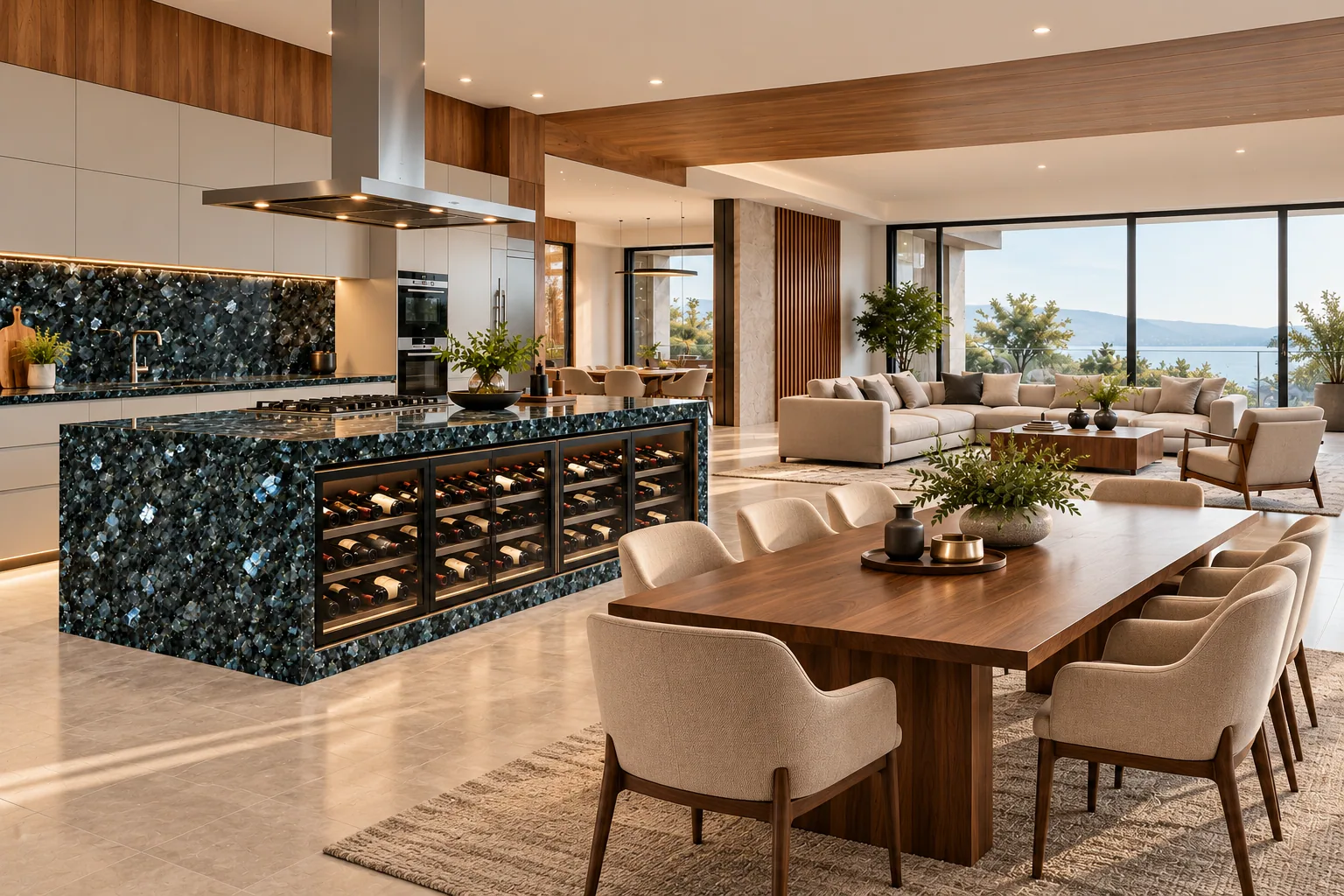 Cozinha bancada com adega com Emerald Pearl — inspiração de aplicação