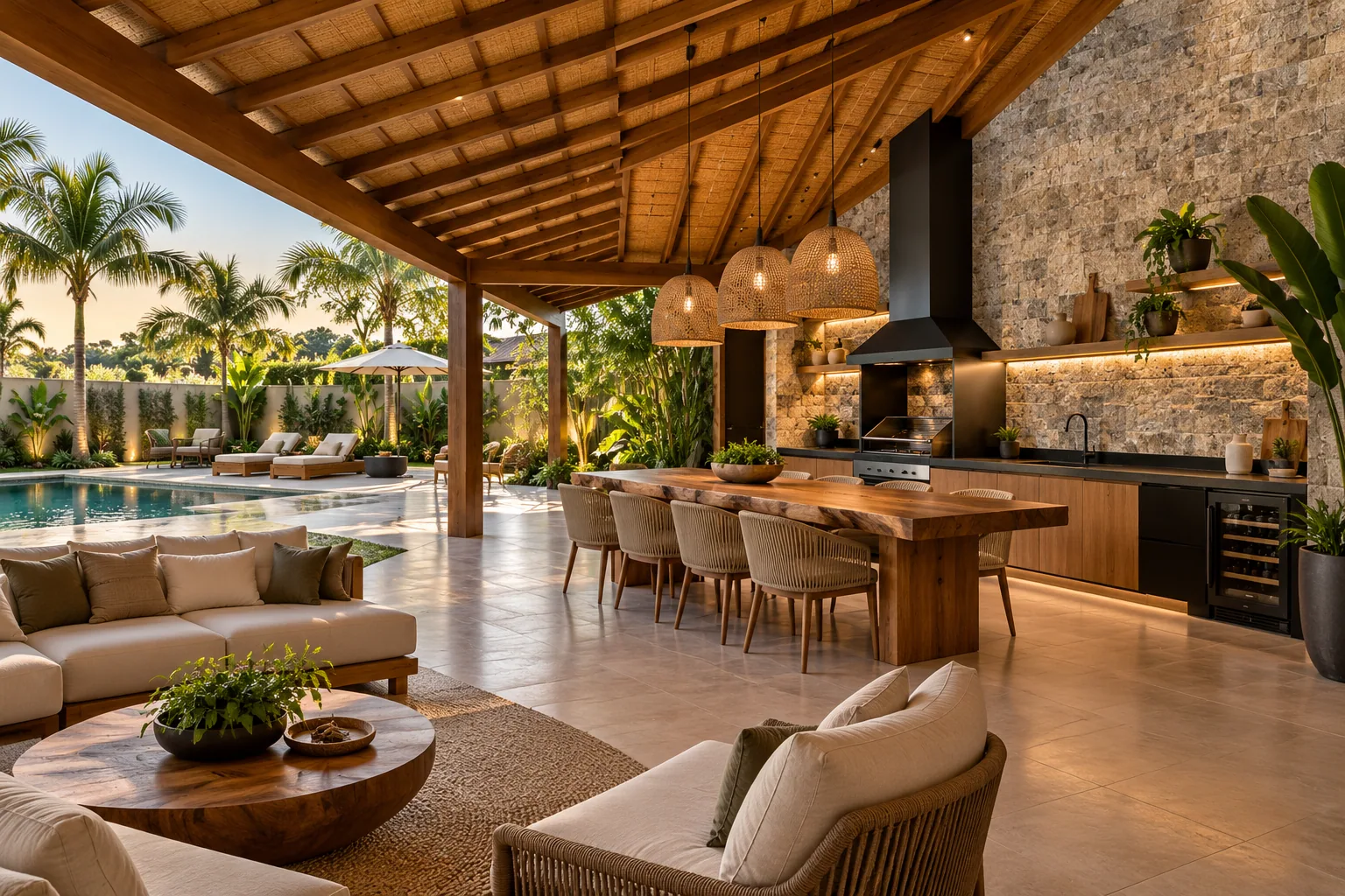Pátio tropical com piscina ao entardecer gourmet com Rockface Silver – Travertino Silver — inspiração de aplicação