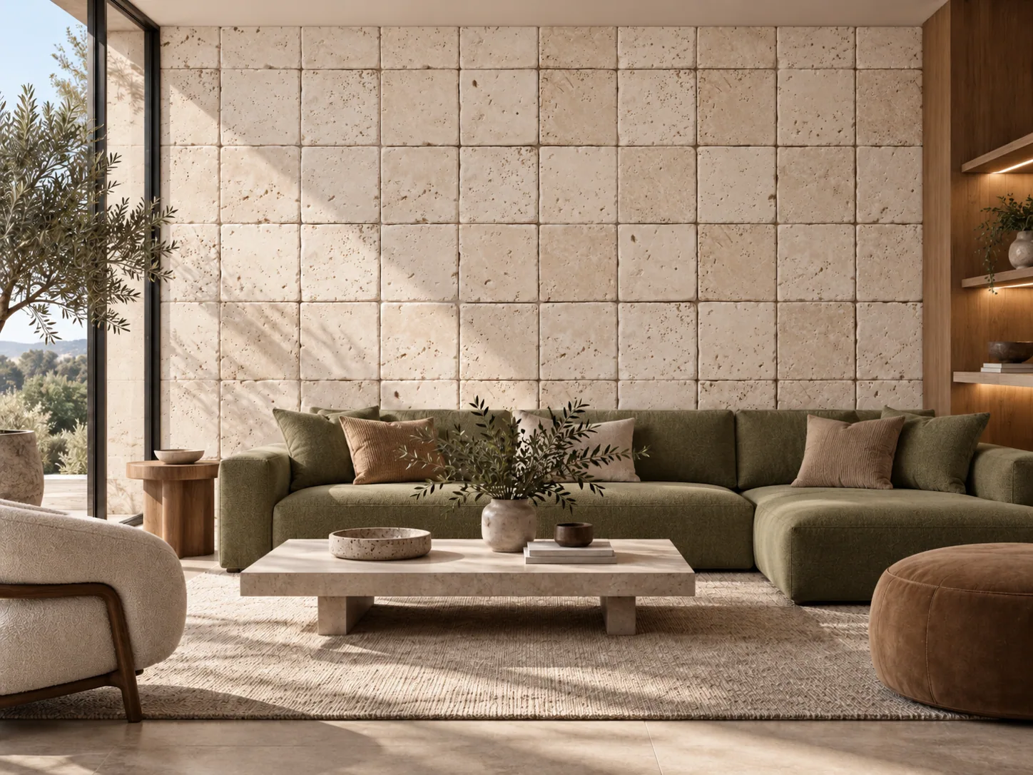 Sala de estar minimalista com Anticato – Travertino Romano — inspiração de aplicação