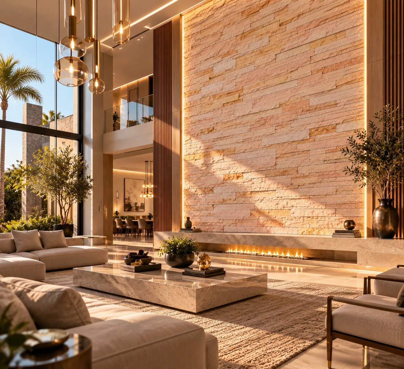 Sala de luxo parede com Arenito Réguas Branco — inspiração de aplicação