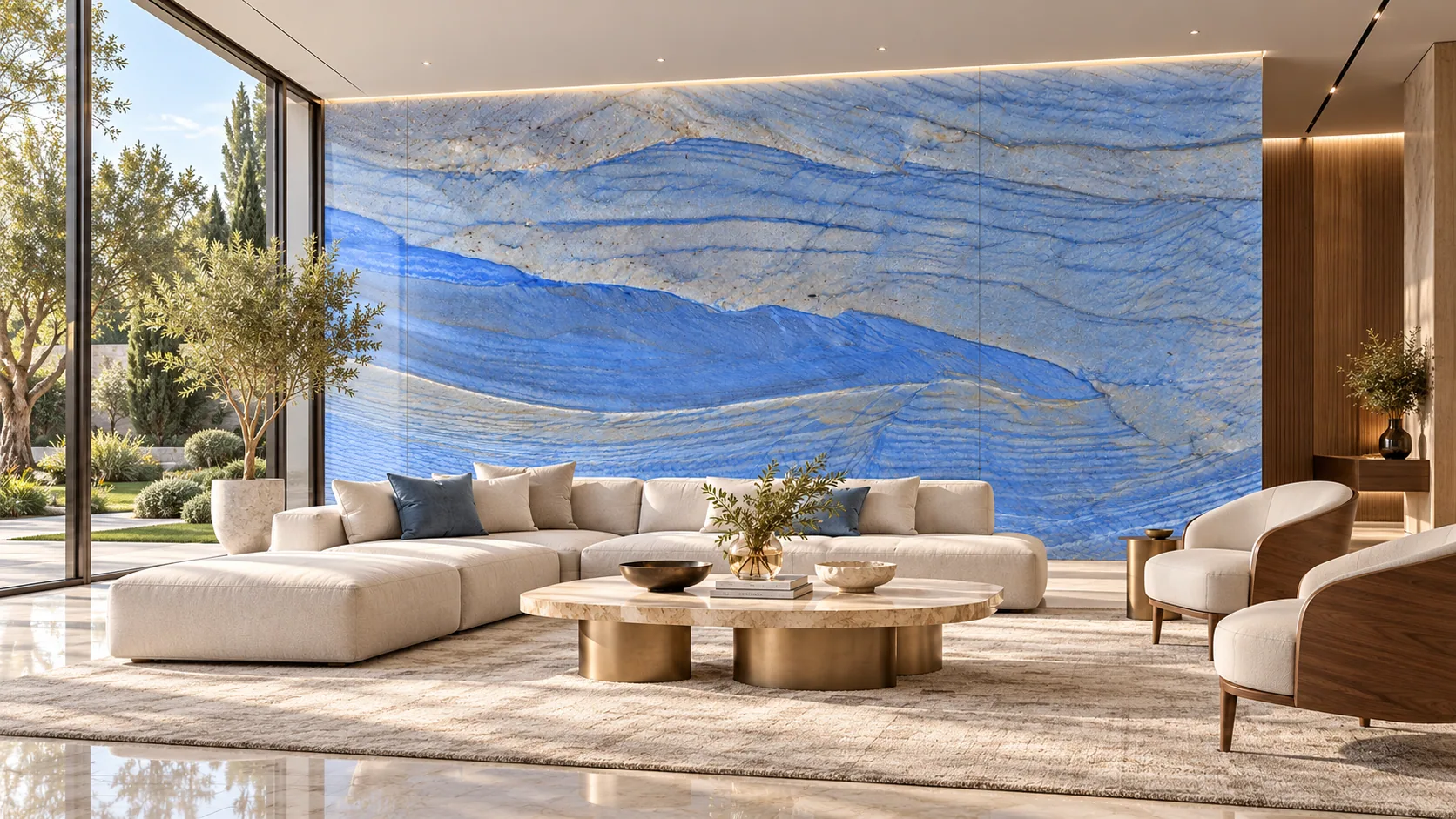 Sala de luxo com Blue Macaubas — inspiração de aplicação
