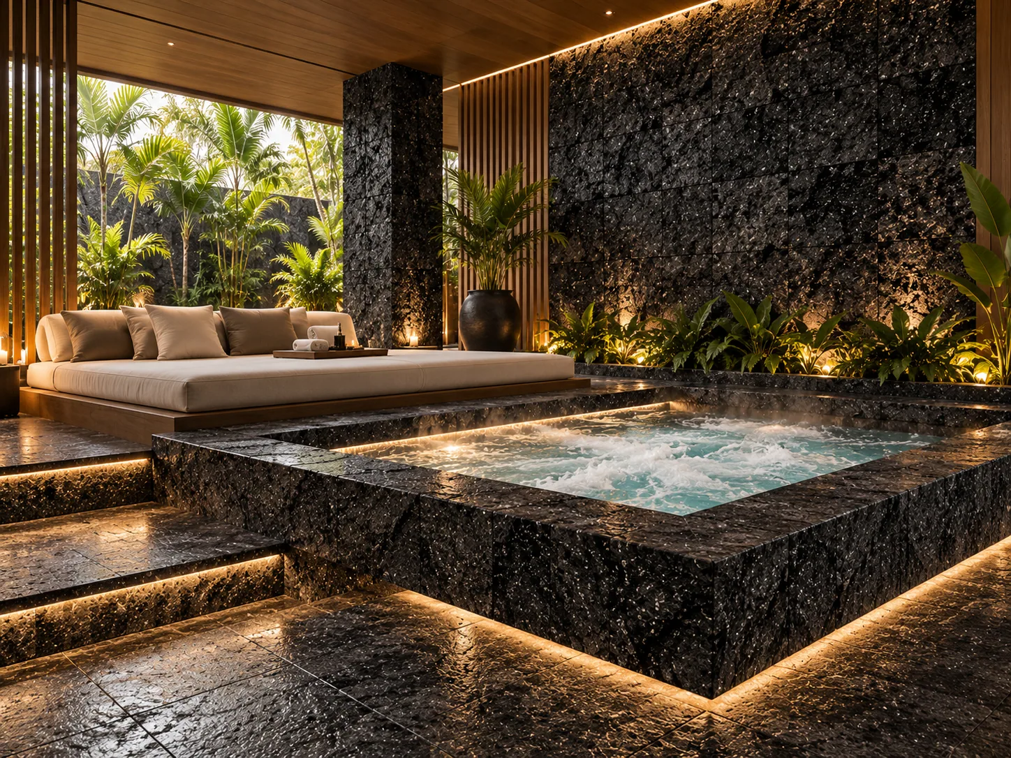 Spa com jacuzzi com Hitam Bruta – Black Lava — inspiração de aplicação