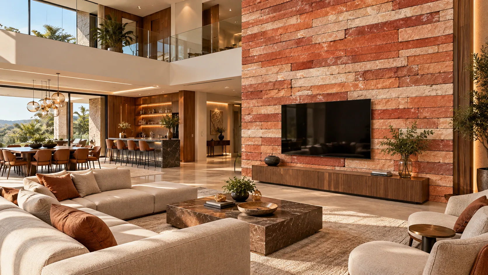 Sala de luxo com Arenito Réguas Terracota — inspiração de aplicação