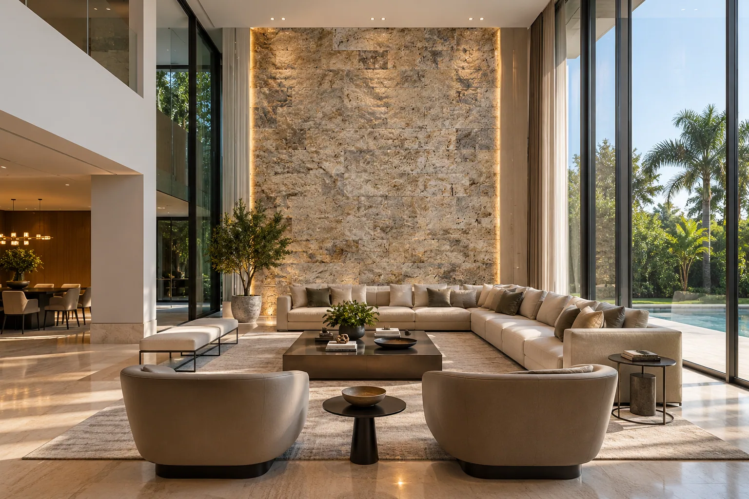 Sala de luxo com parede de pedra com Rockface Silver – Travertino Silver — inspiração de aplicação