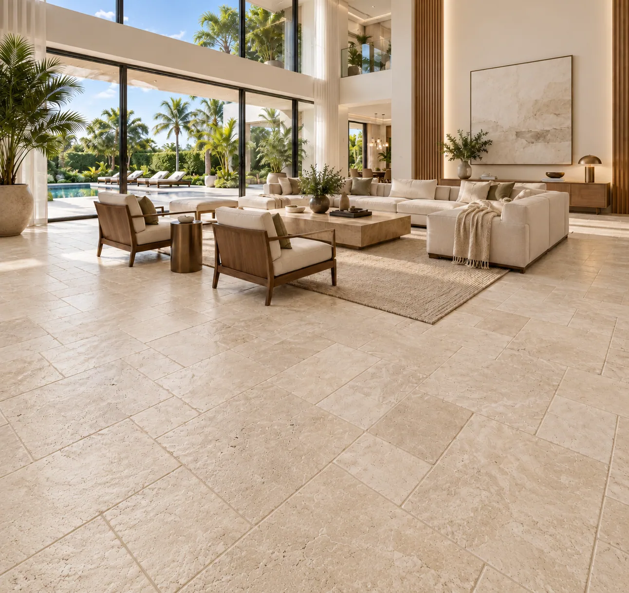 Sala piso com French Pattern – Travertino Romano — inspiração de aplicação