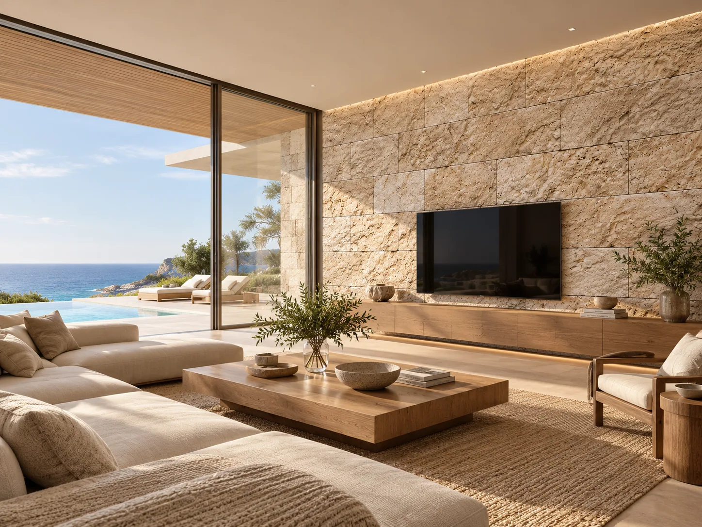 Painel sala com Rockface – Travertino Romano — inspiração de aplicação