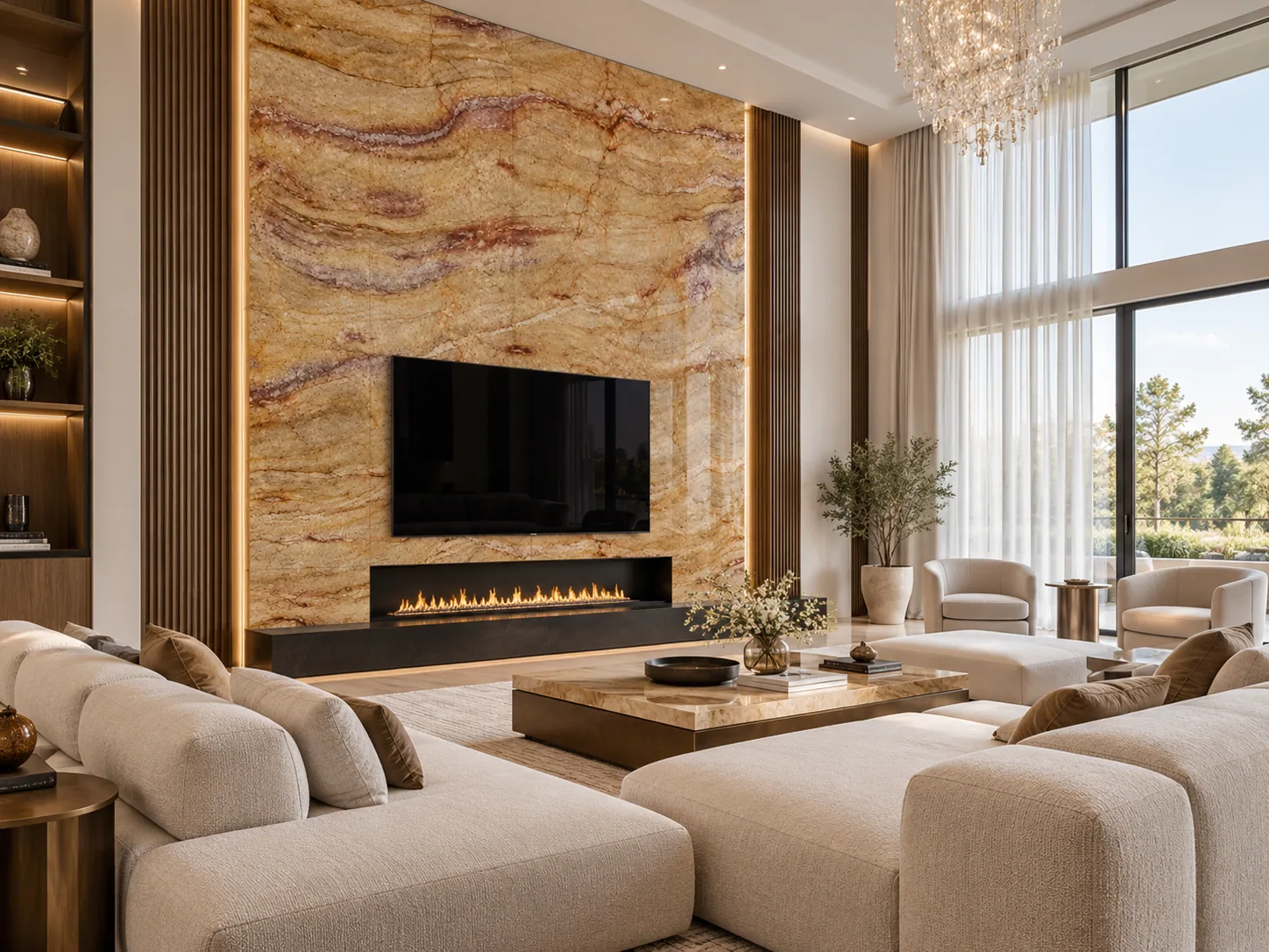 Sala contemporânea com parede com Nacarado — inspiração de aplicação