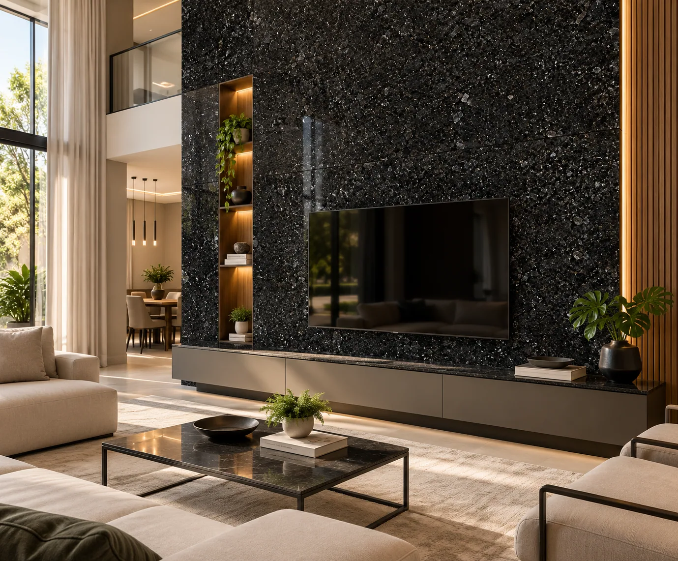 Parede sala star com Preto São Gabriel — inspiração de aplicação
