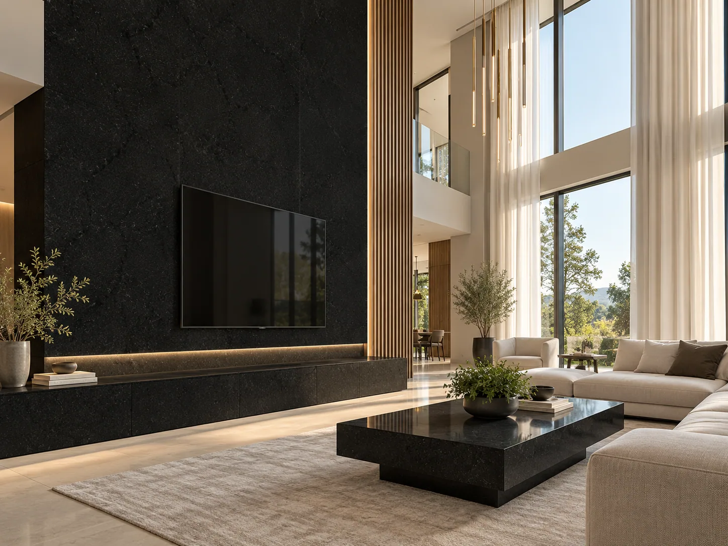 Sala luxuosa com parede de pedra com Preto Absoluto — inspiração de aplicação