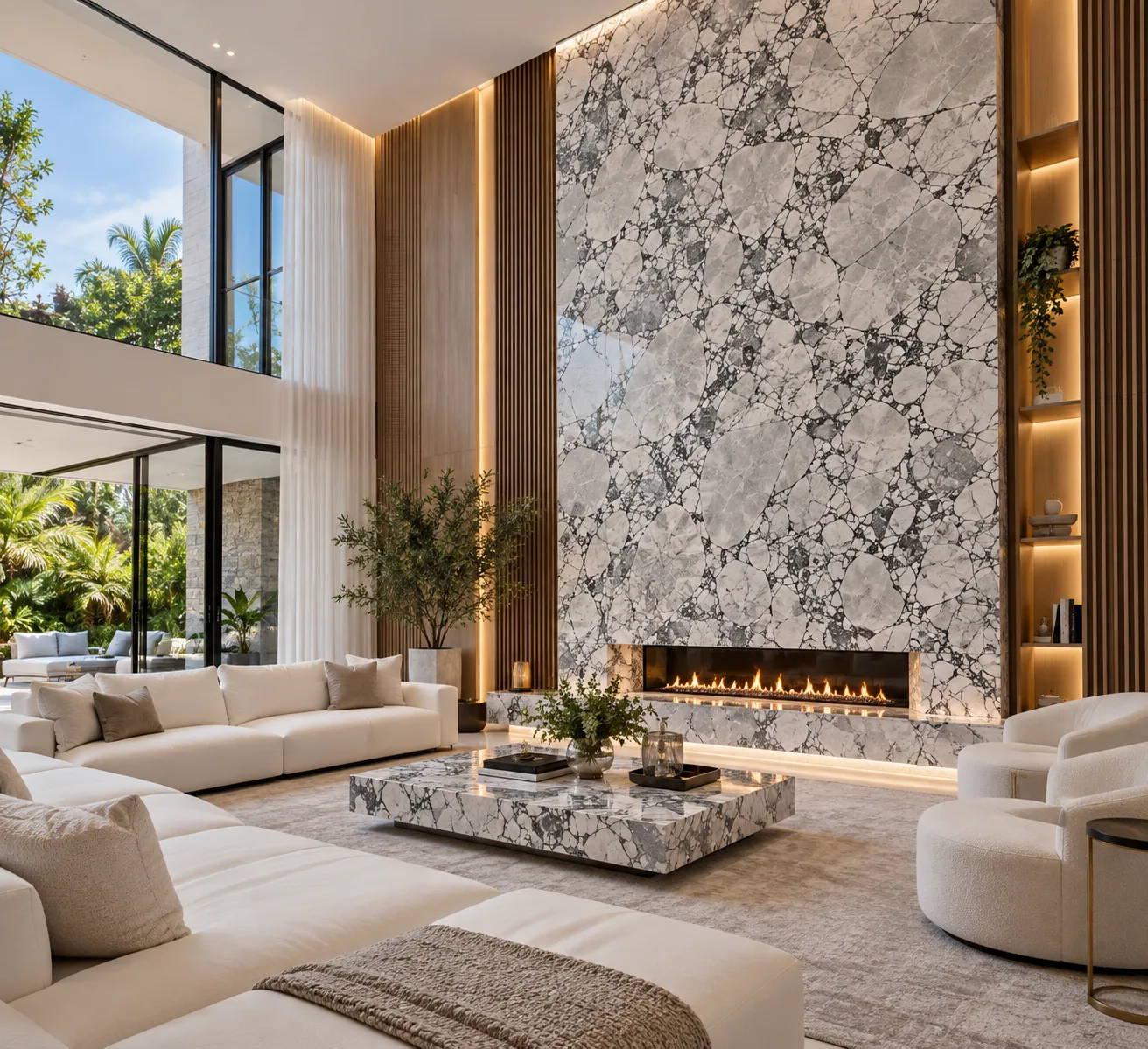Parede e lareira com Super White Dolomite — inspiração de aplicação