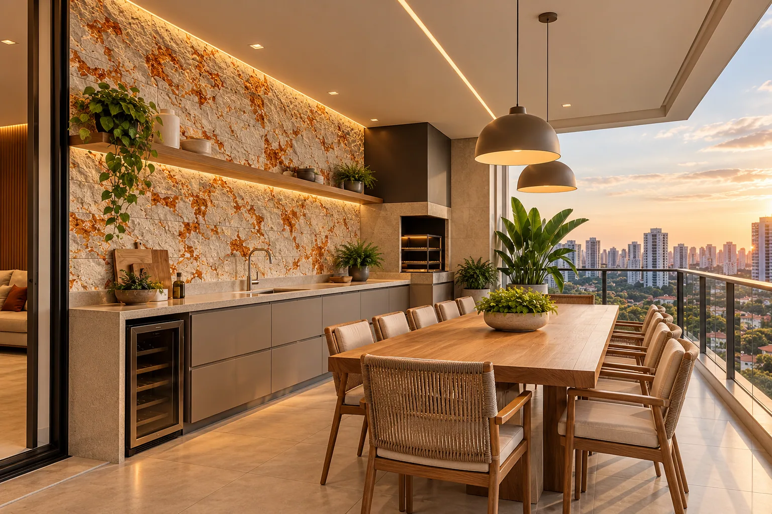 Varanda gourmet com Rockface Cairo – Travertino Cairo — inspiração de aplicação