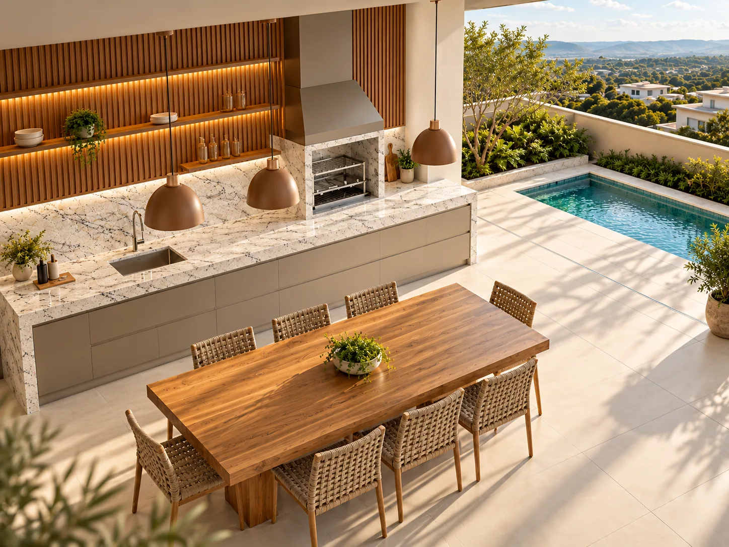 Terraço gourmet com Branco Romano — inspiração de aplicação
