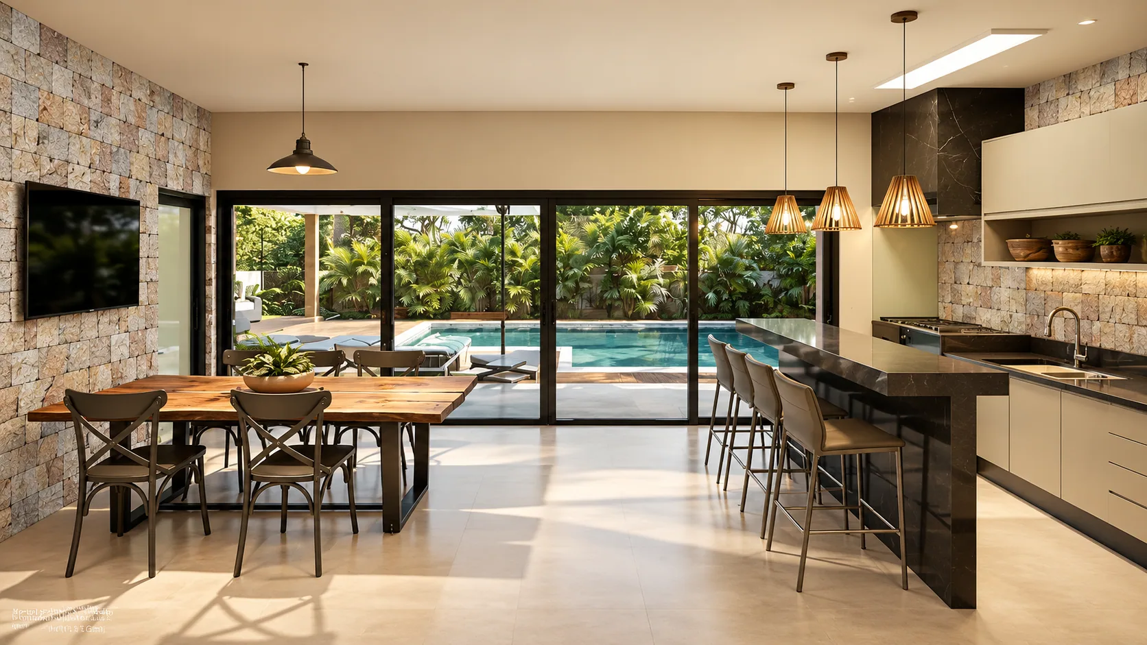 Sala gourmet com Quartzito Branco (10 x 10 cm) — inspiração de aplicação