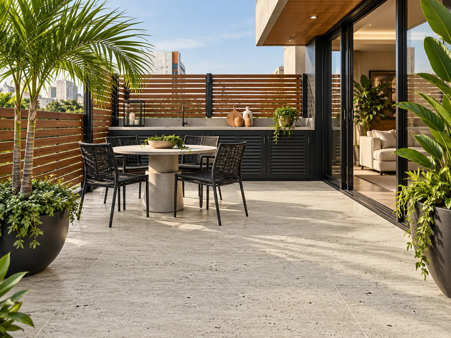 Terraço urbano com Pisos e Ladrilhos – Travertino Romano — inspiração de aplicação