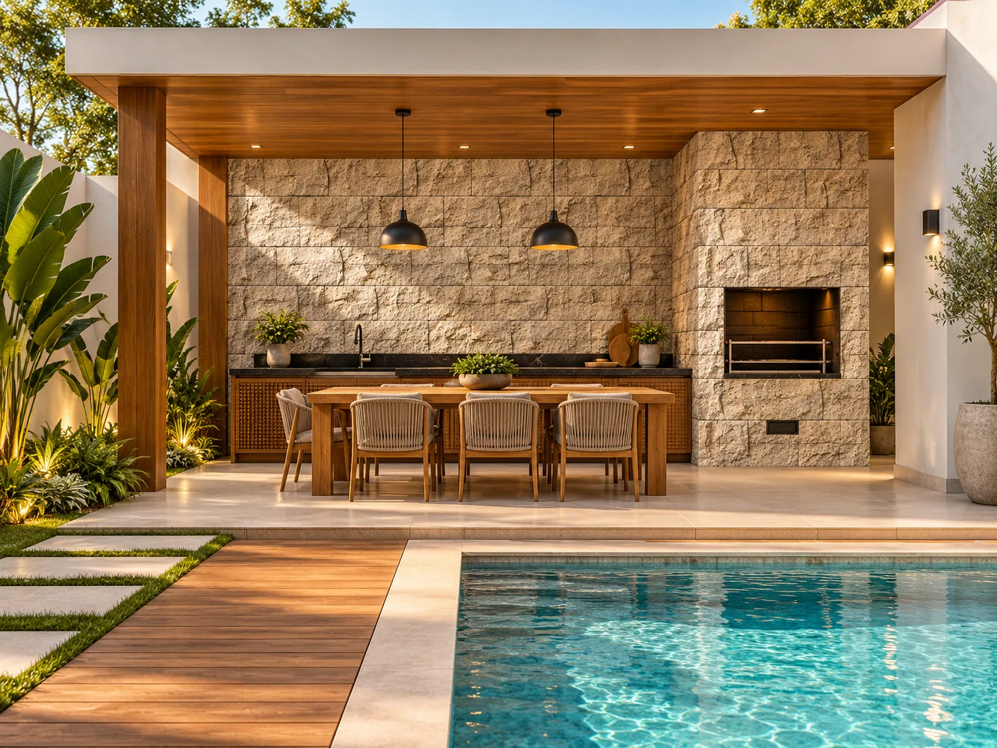 Varanda gourmet contemporânea com Travertino Rockface Bege Bahia — inspiração de aplicação