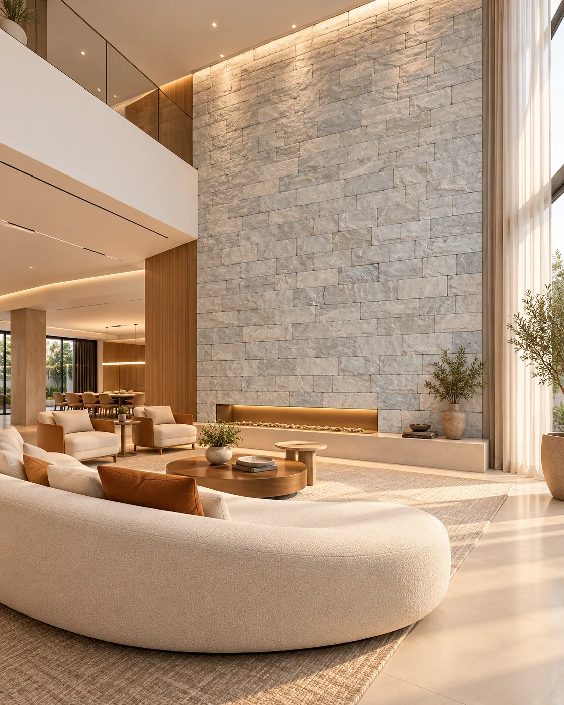 Sala de luxo com parede com Quartzito Branco (20 x 10 cm) — inspiração de aplicação