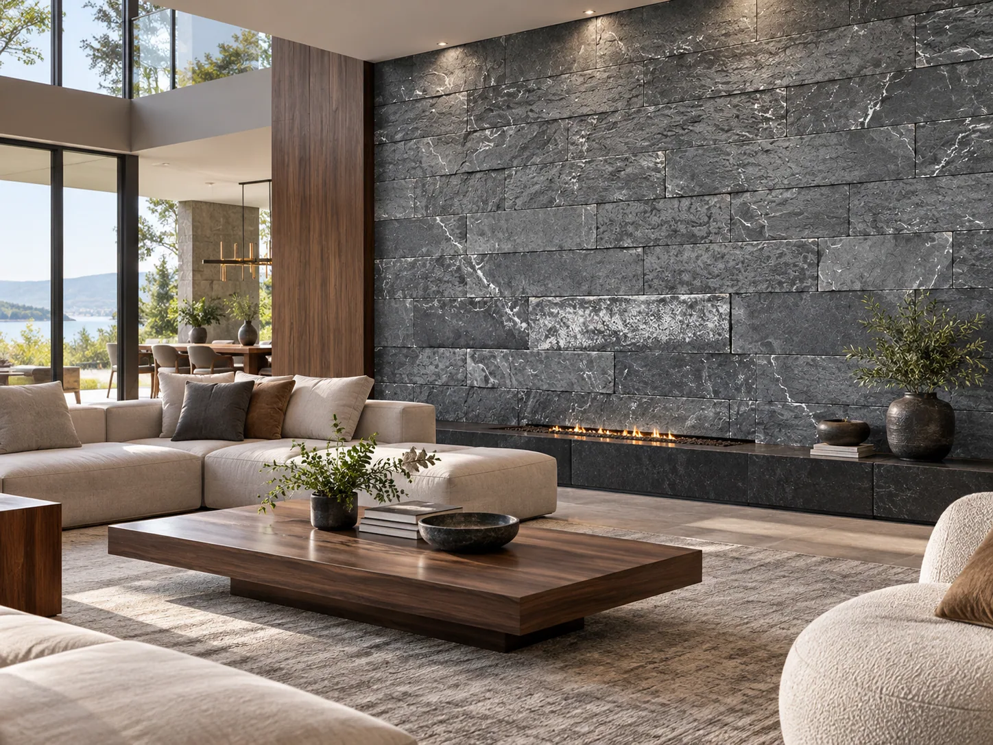 Sala moderna parede com Ardósia Grafite – 30 x 7,5 cm — inspiração de aplicação