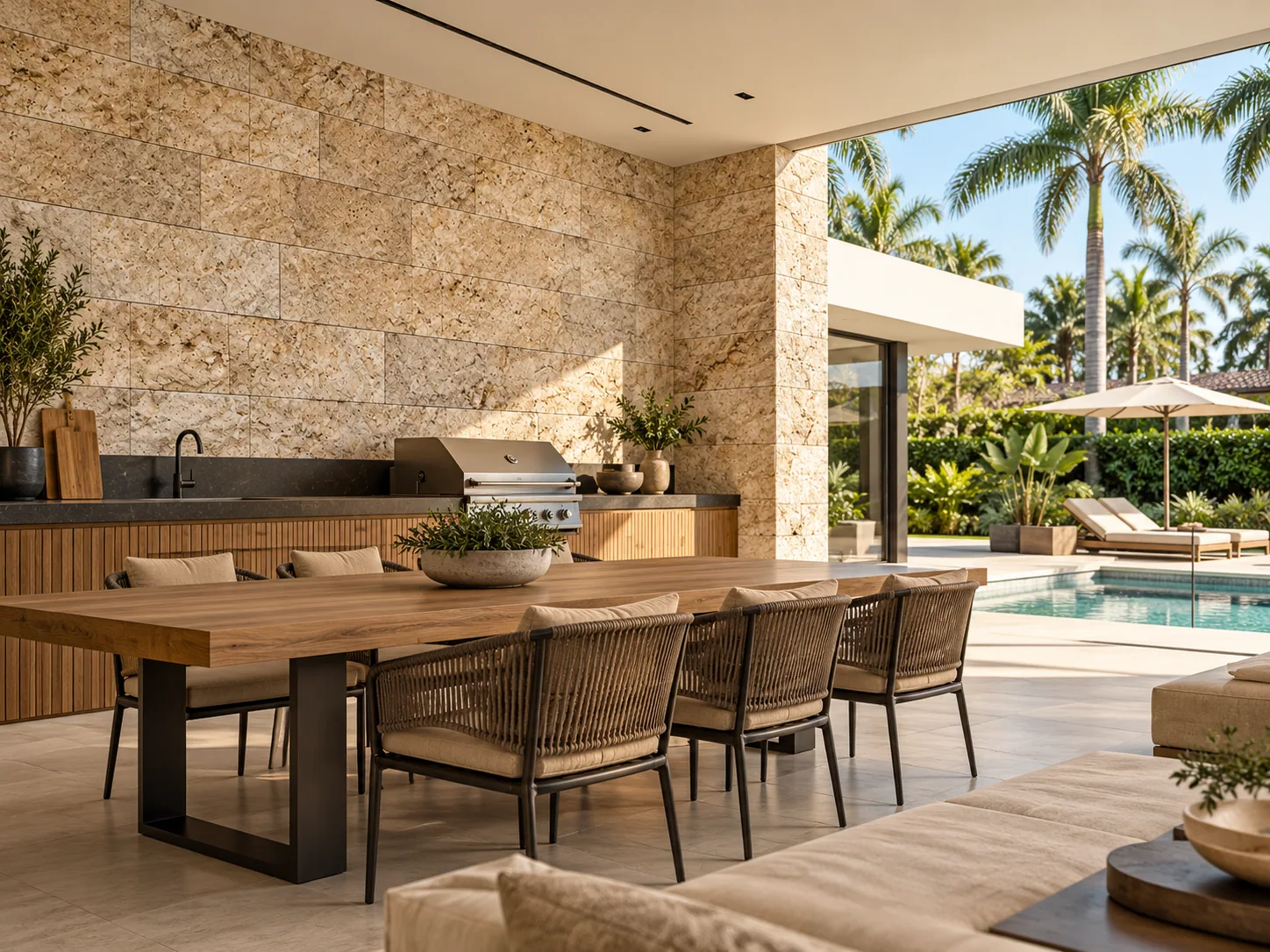Revestimento cozinha gourmet com Rockface – Travertino Romano — inspiração de aplicação